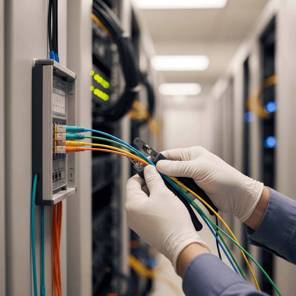 Fiber optic cable installation close-up